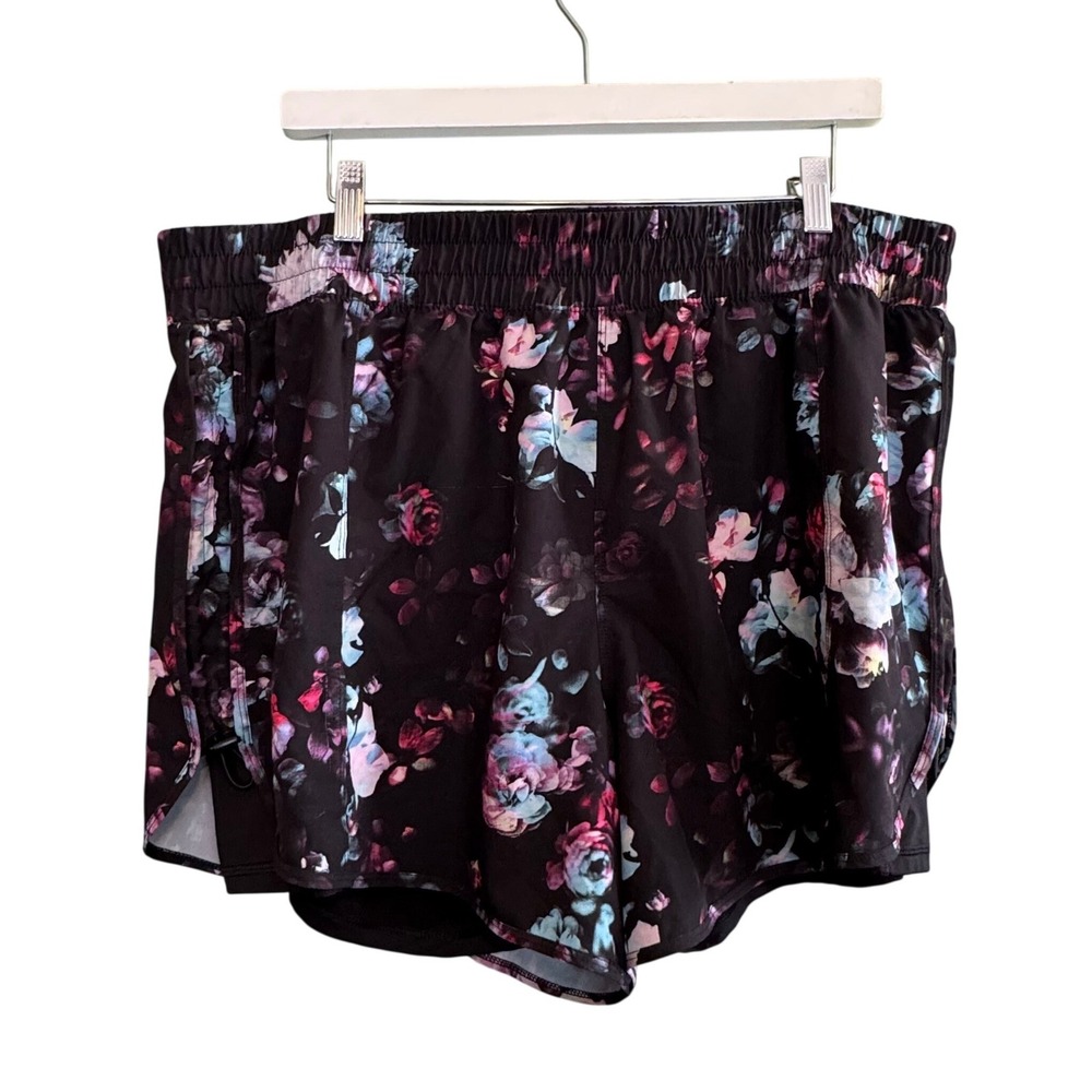 Avia Womens XXL 20 Black Floral Running Shorts Built-in Liner Adjustable Bungee